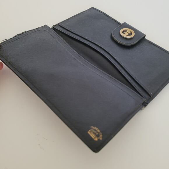 GUCCI Logo Envelope Leather Wallet Long Bifold Navy Blue Large Vintage - Picture 3 of 13